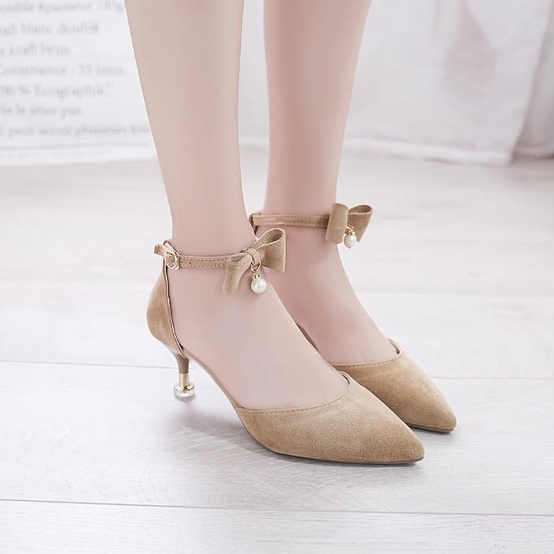 Giày cao gót 7 phân, Giày cao gót nữ gót nhọn bít mũi nơ 1 hạt ngọc