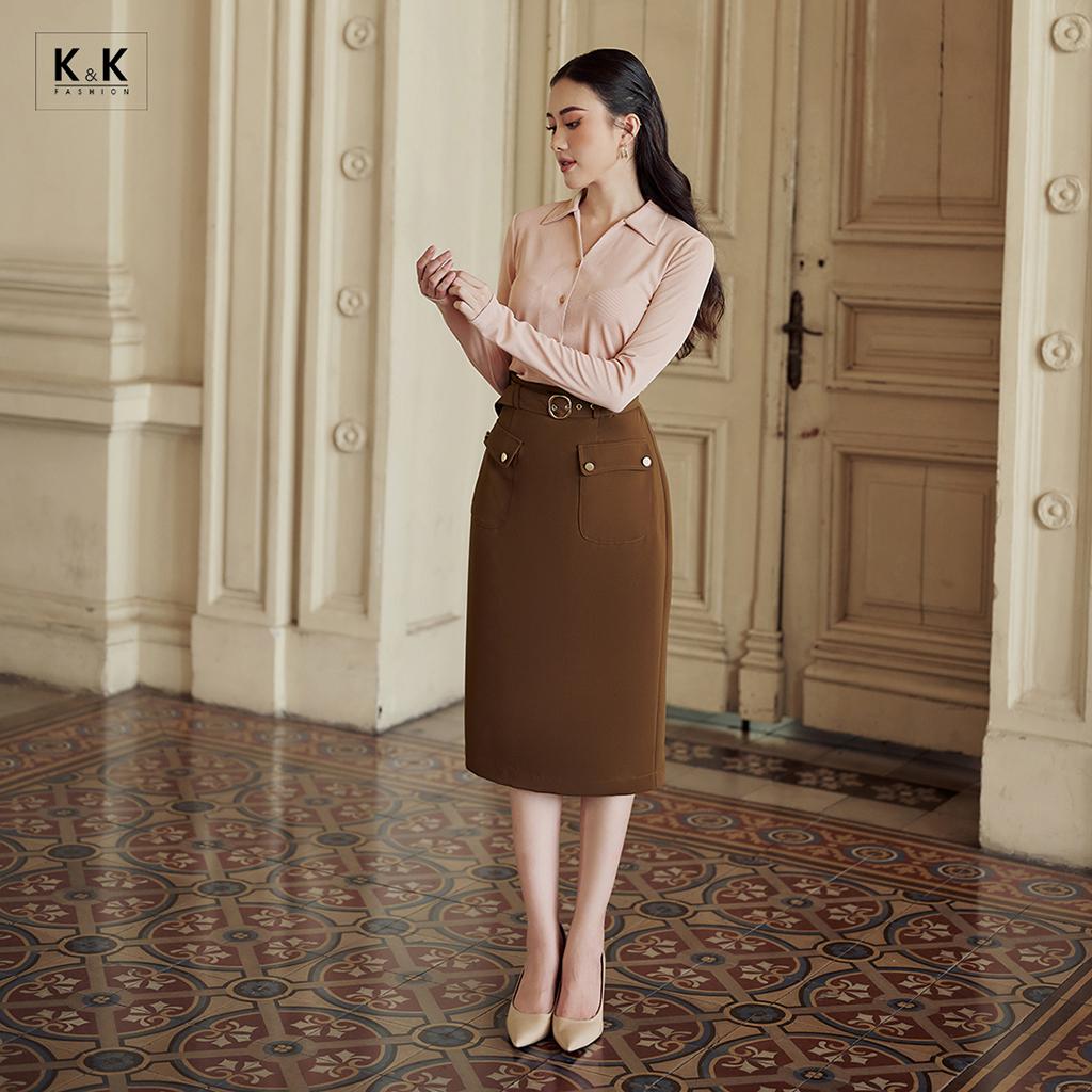 Chân Váy Bút Chì Phối Thắt Lưng  K&amp;K Fashion CV05-22 Chất Liệu Carolan Cao Cấp