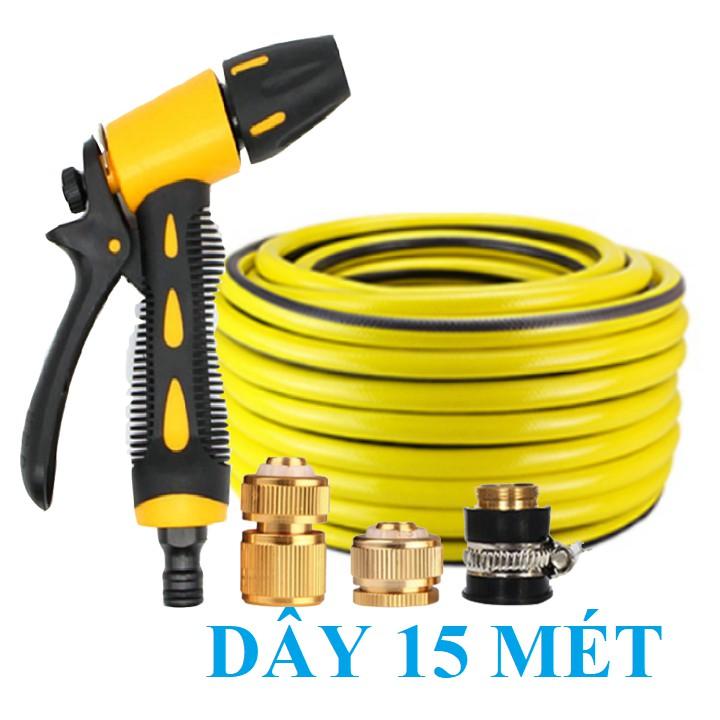 Bộ dây vòi xịt nước rửa xe, tưới cây . tăng áp 3 lần, loại 15m 206236 đầu đồng, cút đồng+ tặng mở chai