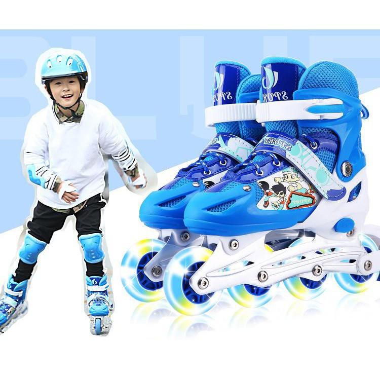 Giày patin trẻ em, người lớn bánh có đèn flash sports, tặng kèm bảo hộ tay chân đầu gối 6 mảnh và 2 thanh cờ lê tháo lốp