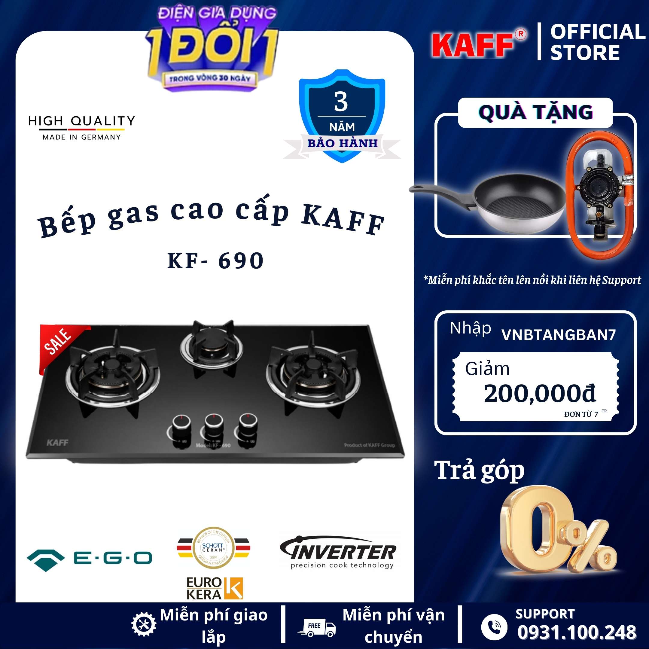 Bộ Bếp ga âm 3 lò KAFF KF- 690 bao gồm: Bếp ga + chảo chống dính cao cấp + bộ van ga - Hàng chính hãng