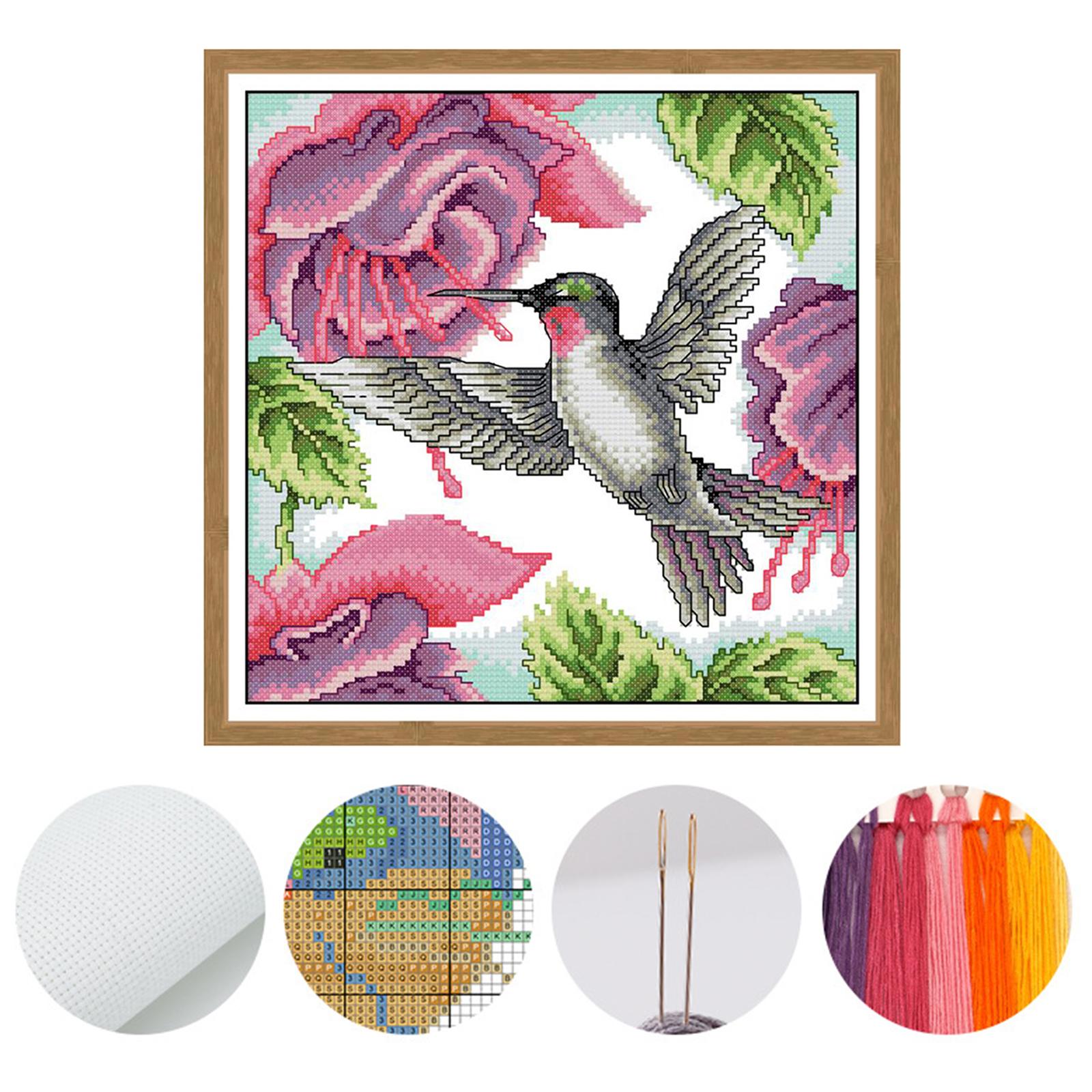 Stamped Cross Stitch Kits for Beginners, Preprinted Cross Stitch Kits Hummingbird Flowers, DIY Embroidery Kit Gifts for Women/Mom