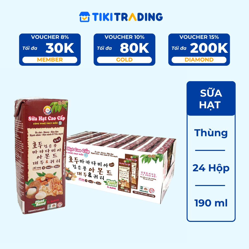Sữa hạt cao cấp Óc chó-Macca-Đậu đen-Hạnh nhân-Đậu nành & Yến mạch 190ml (20 hộp/xách)