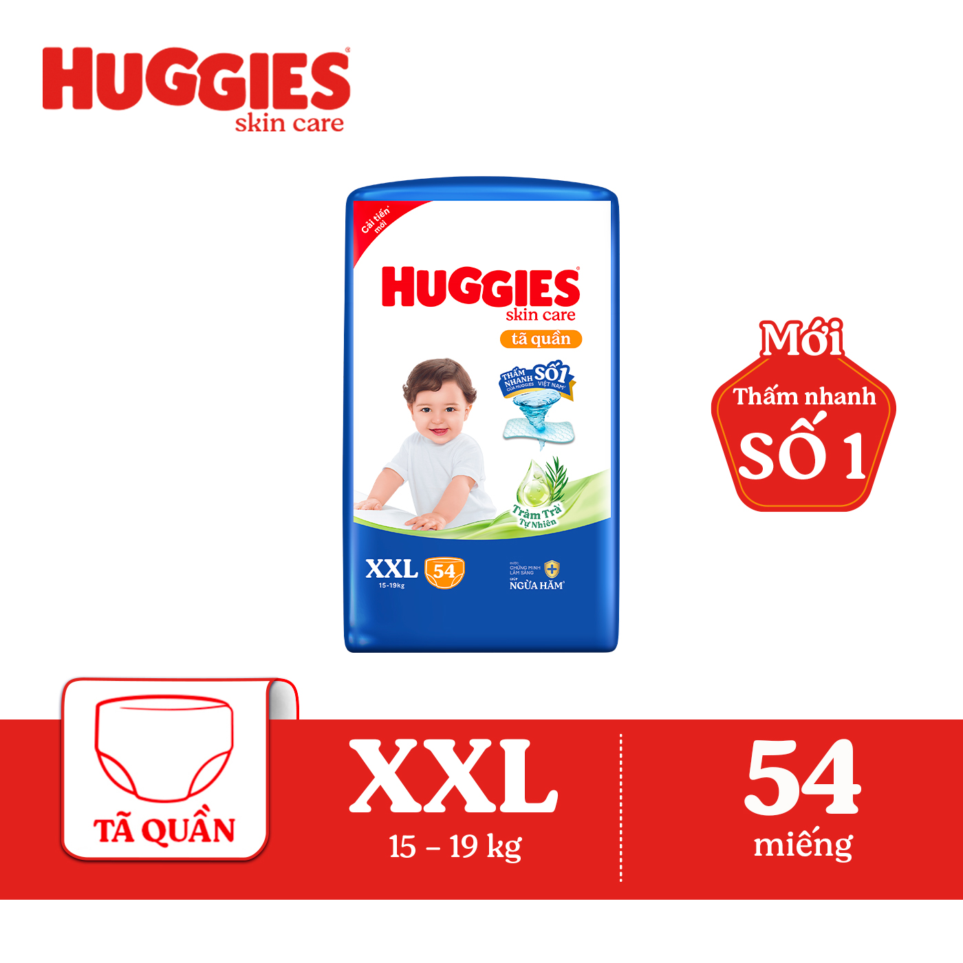 Tã/bỉm quần Huggies Skin Care Super Jumbo XXL54 miếng với tràm trà dịu da