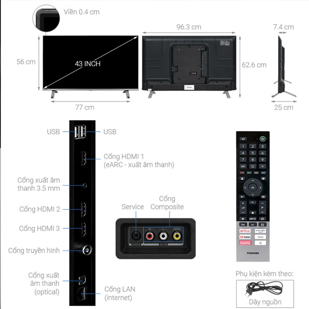 Google Tivi TOSHIBA 43 inch 43C350LP, Smart TV Màn Hình LED 4K UHD - Loa 24W - Hàng Chính Hãng
