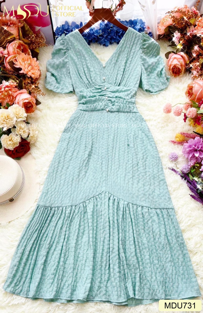 Váy đầm thiết kế cao cấp dáng ôm chất xốp có đính ngọc cổ V màu xanh min cực xinh MDU731- Mydu Design [kèm ảnh thật