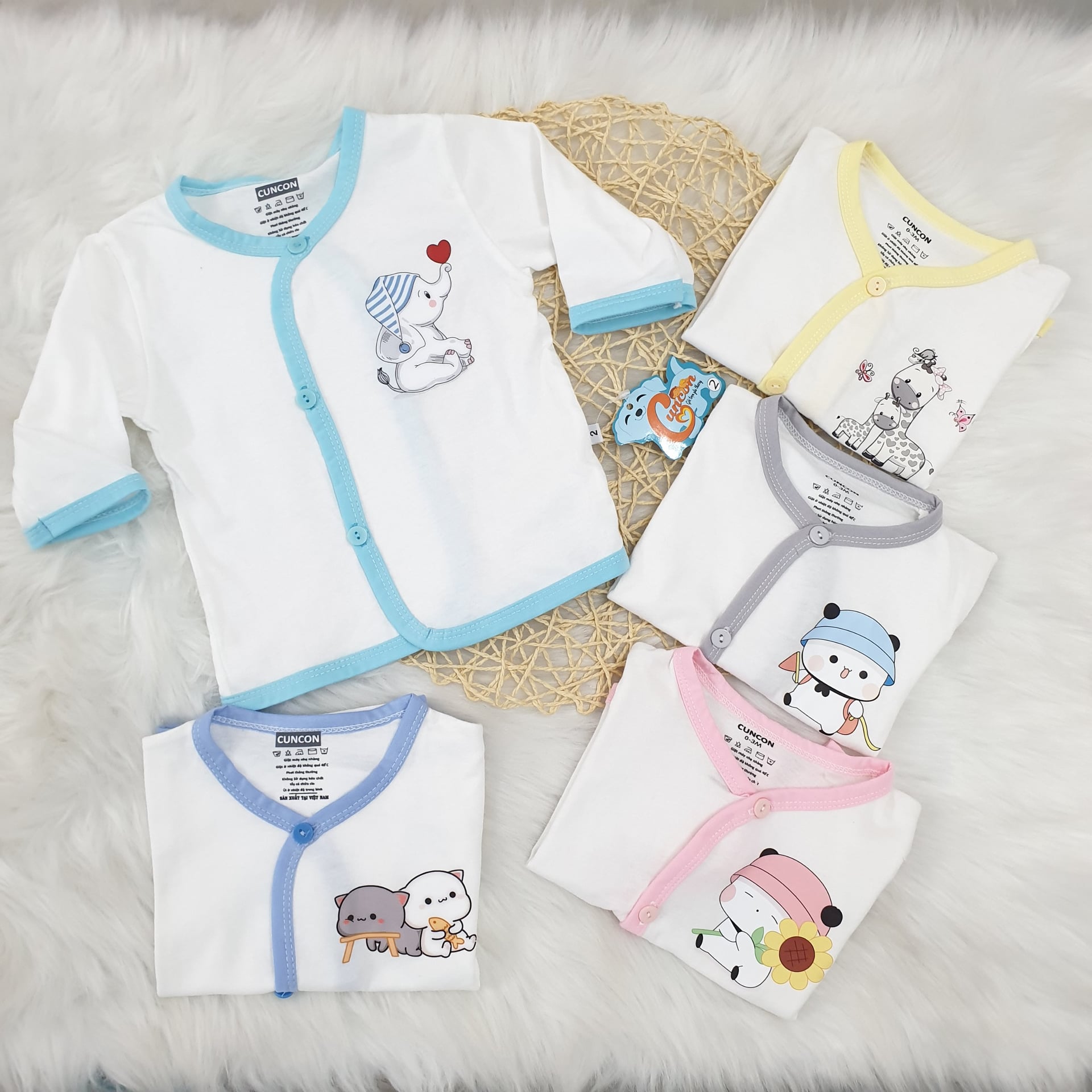 [CC04] 3-9kg - ÁO CÀI XÉO TAY DÀI TRẮNG VIỀN CHO BÉ SƠ SINH - CÚN CON - Viền Xanh Ngọc
