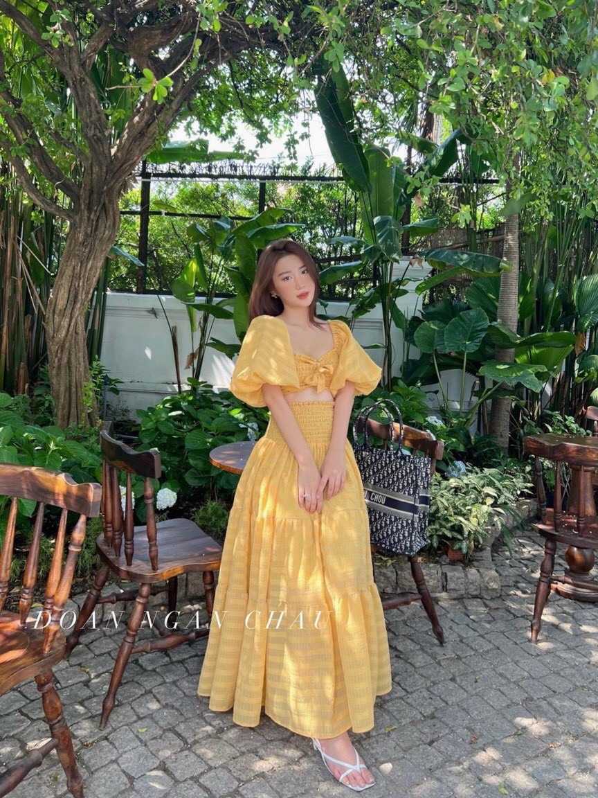 Đầm Maxi Nhúng Phối Áo Nơ