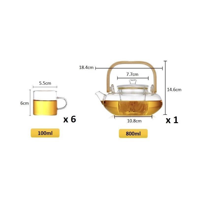 Bộ ấm chén pha trà thủy tinh 800ml tay gỗ thấp