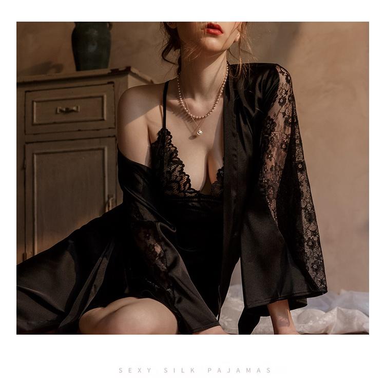 Váy ngủ sexy gợi cảm đồ ngủ có mút lót dây vai tuỳ chỉnh - lụa satin mềm mại phối ren_DN04