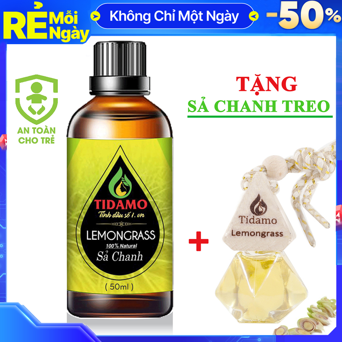 Tinh Dầu Sả Chanh 50ML + Tinh Dầu Treo xe Treo Phòng Sả Chanh (Lemongrass) - Tinh Dầu Xông Phòng Sả Chanh Nguyên Chất TIDAMO Giúp Bảo Vệ Sức Khỏe, Kháng Khuẩn, Đuổi Muỗi Và Thư Giãn Tinh Thần