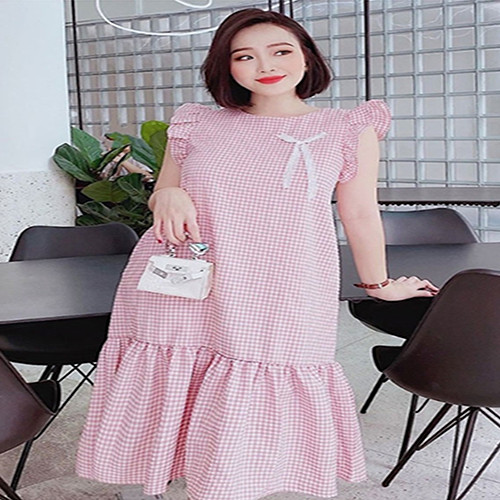Đầm caro hồng tay nhún đính nơ đáng yêu - DS211