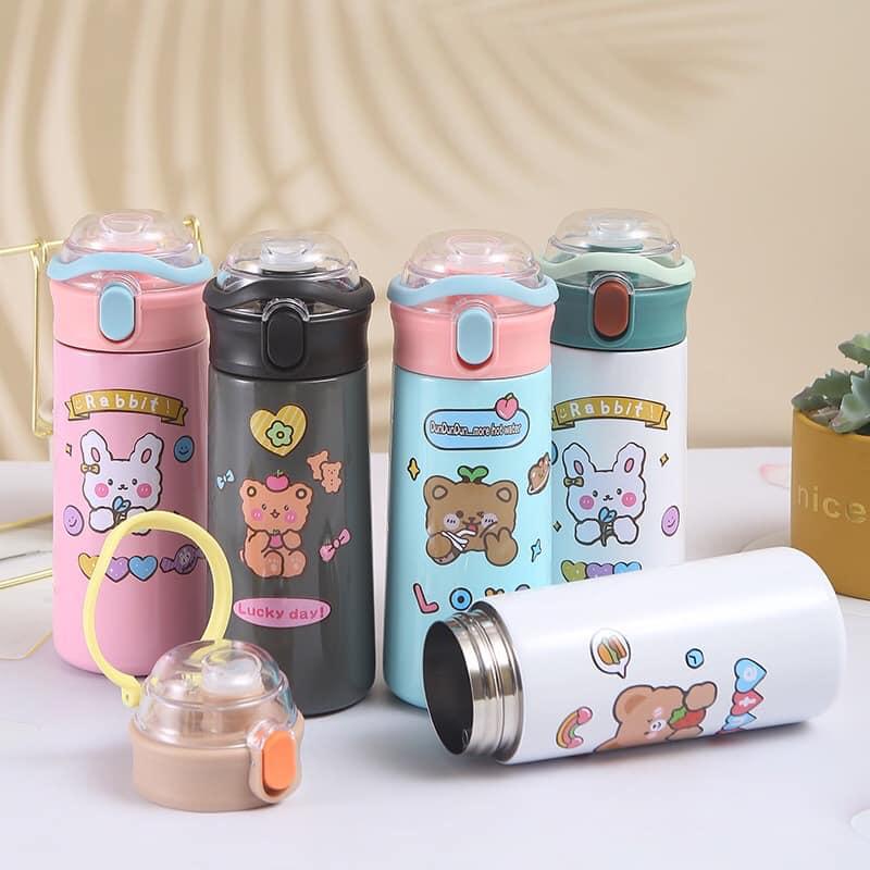 BÌNH NƯỚC GIỮ NHIỆT 500ML INOX 304 KHÔNG GỈ CÓ QUAI XÁCH DỄ THƯƠNG ĐÁNG YÊU TÍCH HỢP ỐNG HÚT GIỮ NHIỆT NÓNG LẠNH ĐẾN 12H