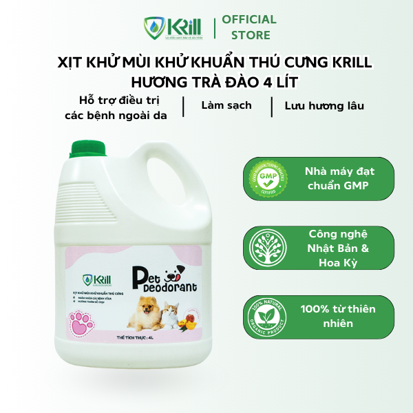 Xịt khử mùi khử khuẩn thú cưng KRILL hương Trà Đào 4L hỗ trợ điều trị các bệnh ngoài da, làm sạch, lưu hương lâu