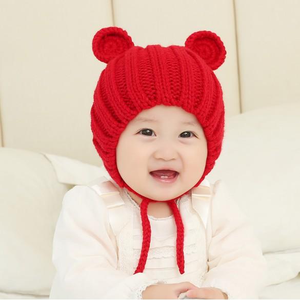 Mũ nón len tai gấu xinh xắn ấm áp có dây buộc cho bé trai bé gái