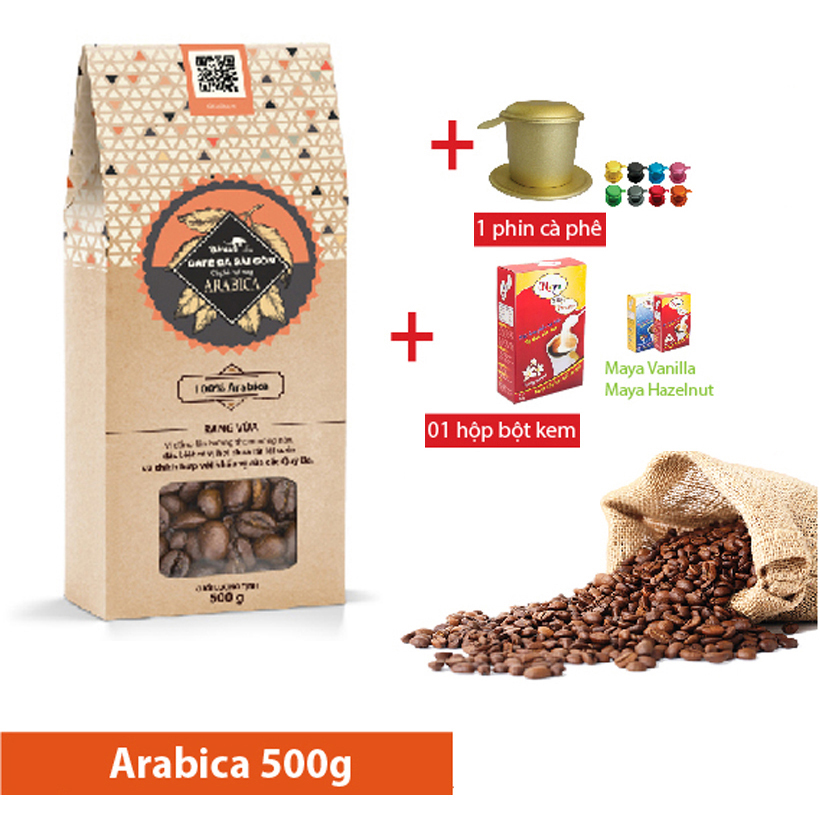 Combo: cà phê hạt rang Arabica + bột kem pha cà phê + phin cà phê cao cấp