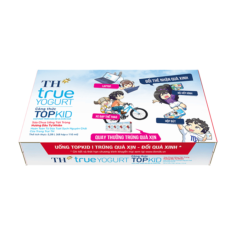 Thùng 48 hộp sữa chua uống tiệt trùng TOPKID hương dâu tự nhiên TH True Yogurt 110ml (110ml x 48)