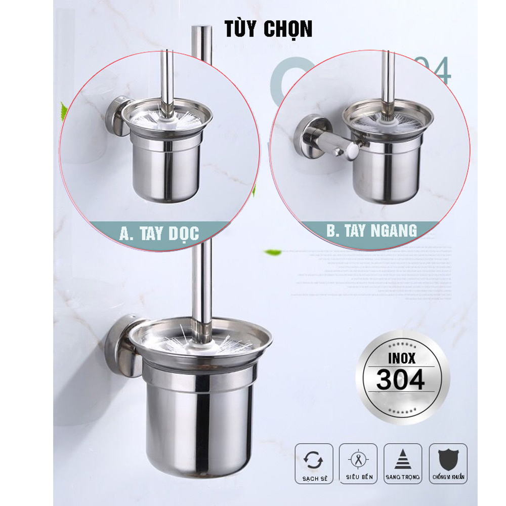 Bộ cốc chổi cọ bồn cầu, toilet nhà vệ sinh, sàn nhà treo tường, có giá đỡ bằng Inox 304 kháng khuẩn, không cần khoan, DAN HOUSE 3.11.11