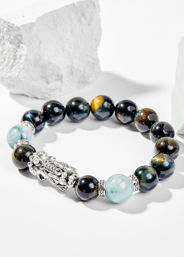 Vòng Tay Phong Thủy Nam Đá Mắt Hổ Xanh Đen Mix Đá Cẩm Thạch Phỉ Thúy Phối Charm Tỳ Hưu Bạc  Mệnh Thủy, Mộc Ngọc Quý Gemstones