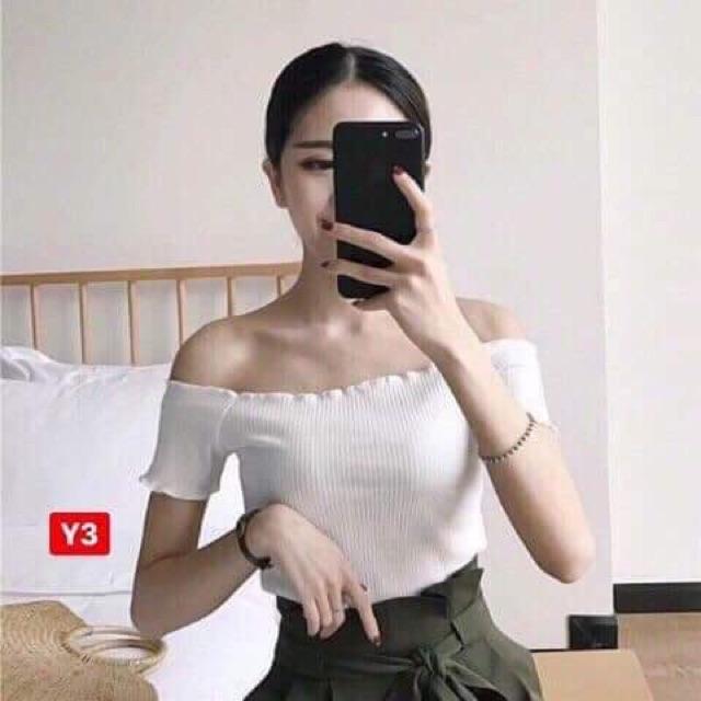 Áo thun croptop trễ vai lai cuốn, kèm ảnh thật