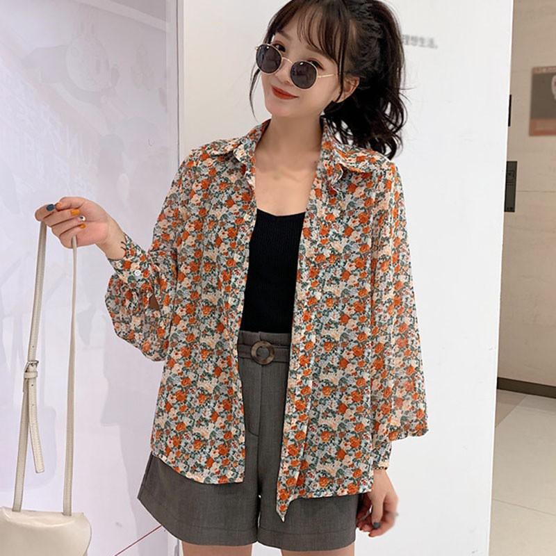 Áo Sơ Mi Tay Dài Form Rộng Họa Tiết Hoa Phong Cách Vintage