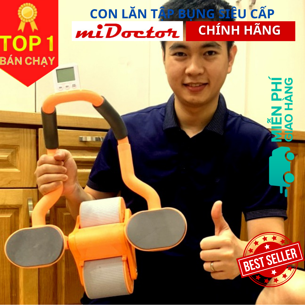 Con lăn Tập Cơ Bụng Bánh Xe Trợ Lực mi02 Thế Hệ Mới 2023 hỗ trợ tập Plank Kèm Bệ Tỳ Tay, Đồng Hồ, Đệm Gối - Chính Hãng miDoctor