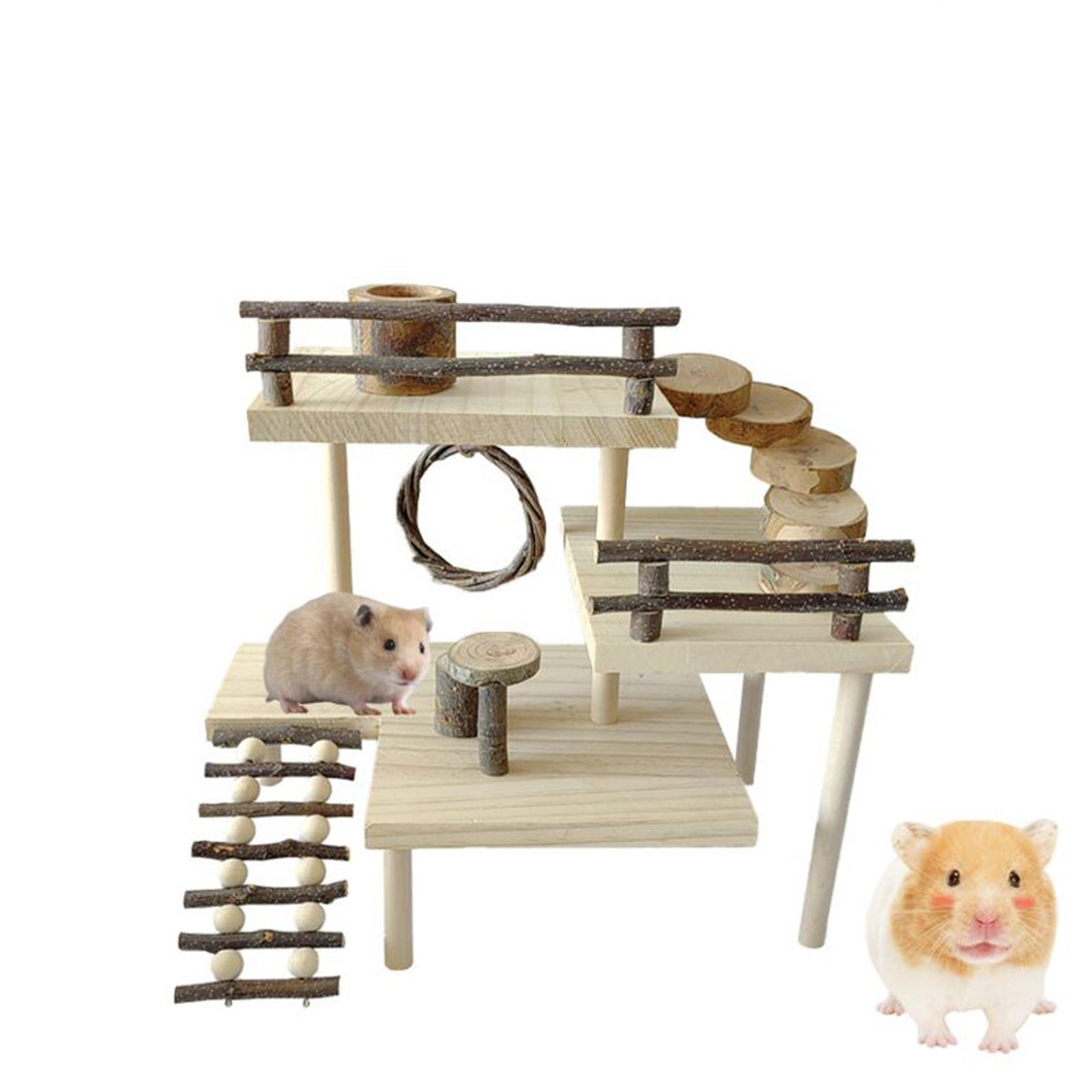 3 Layers Hamster Toy, Habitat Stand Table with Fence Climbing Ladder Natural Wooden Platform for Squirrel Hedgehog Pets Dwarf Hamster Gerbil