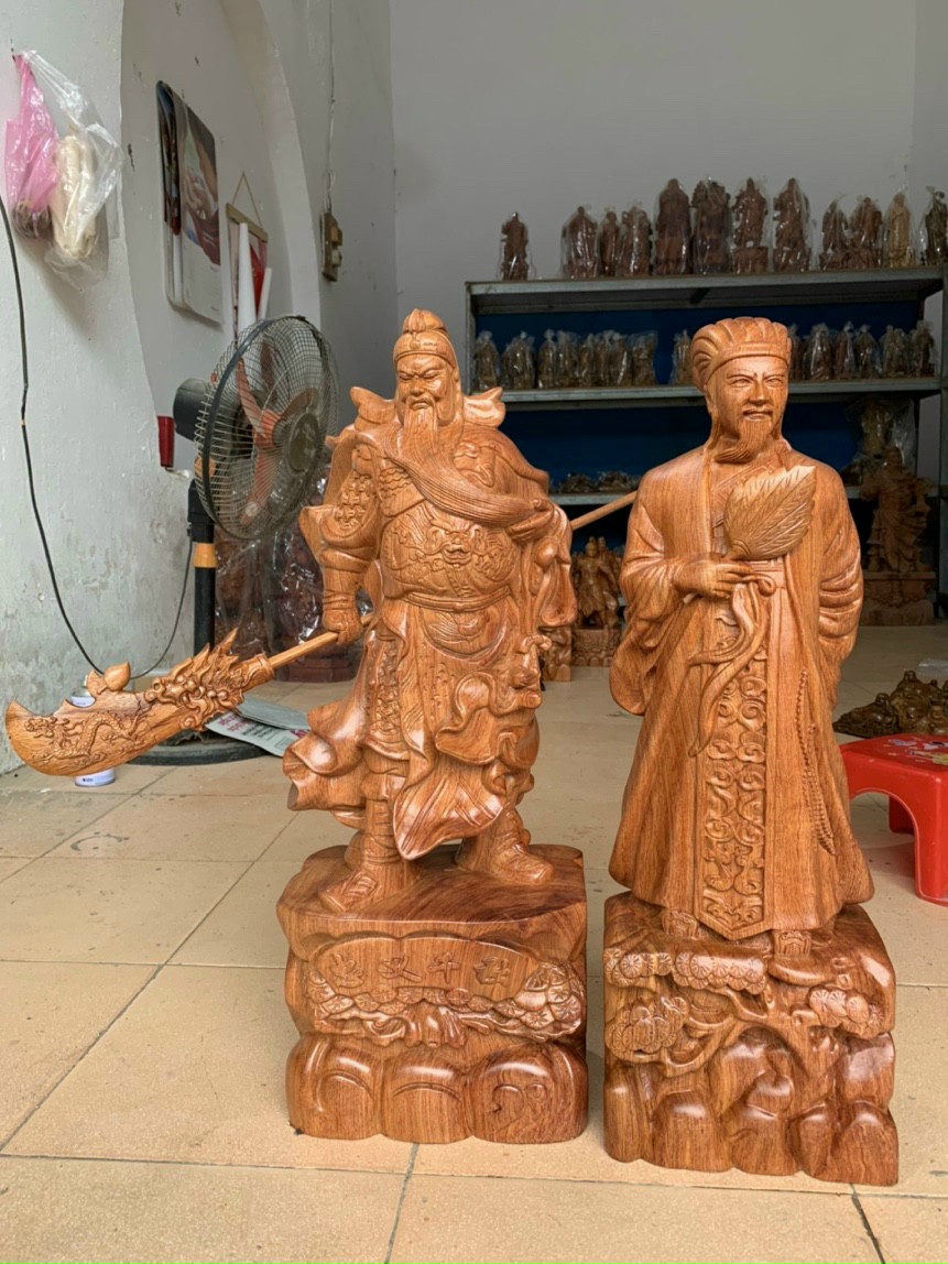 Cặp tượng quan văn ,quan võ song toàn ,khổng minh gia cát lượng ,và tượng quan công bằng gỗ hương đá kt cao 60×16×15cm