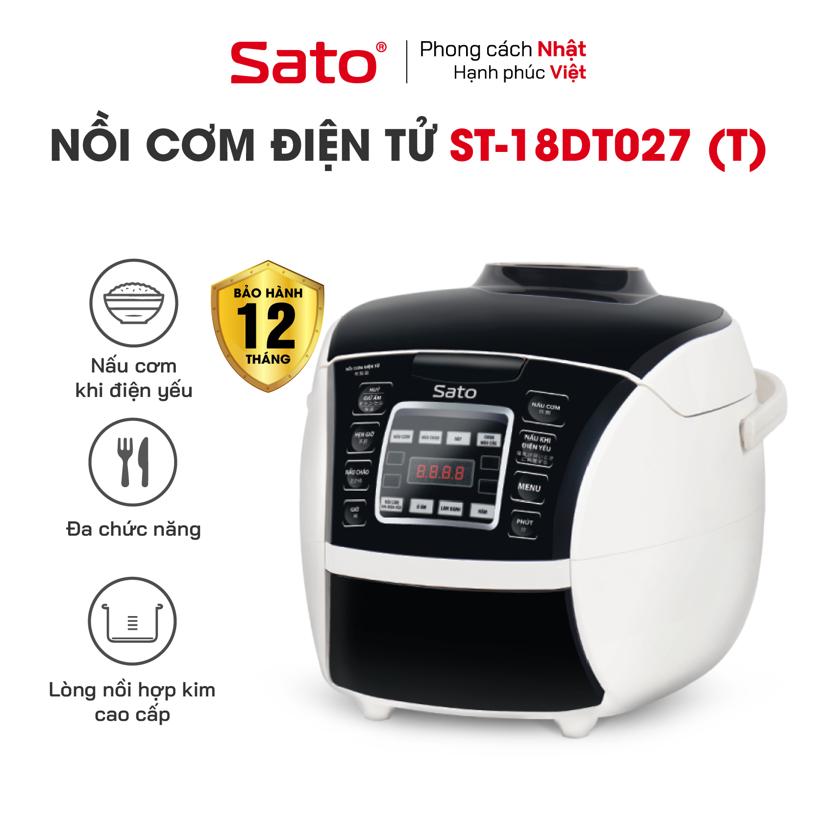 Nồi cơm điện tử SATO ST-18DT027  1.8L dùng cho 4 đến 6 người lớn, nồi cơm thông minh đa chức năng, nấu cơm, nấu cháo, hầm, làm bánh, nấu cơm khi điện yếu - Miễn phí vận chuyển toàn quốc - Hàng chính hãng