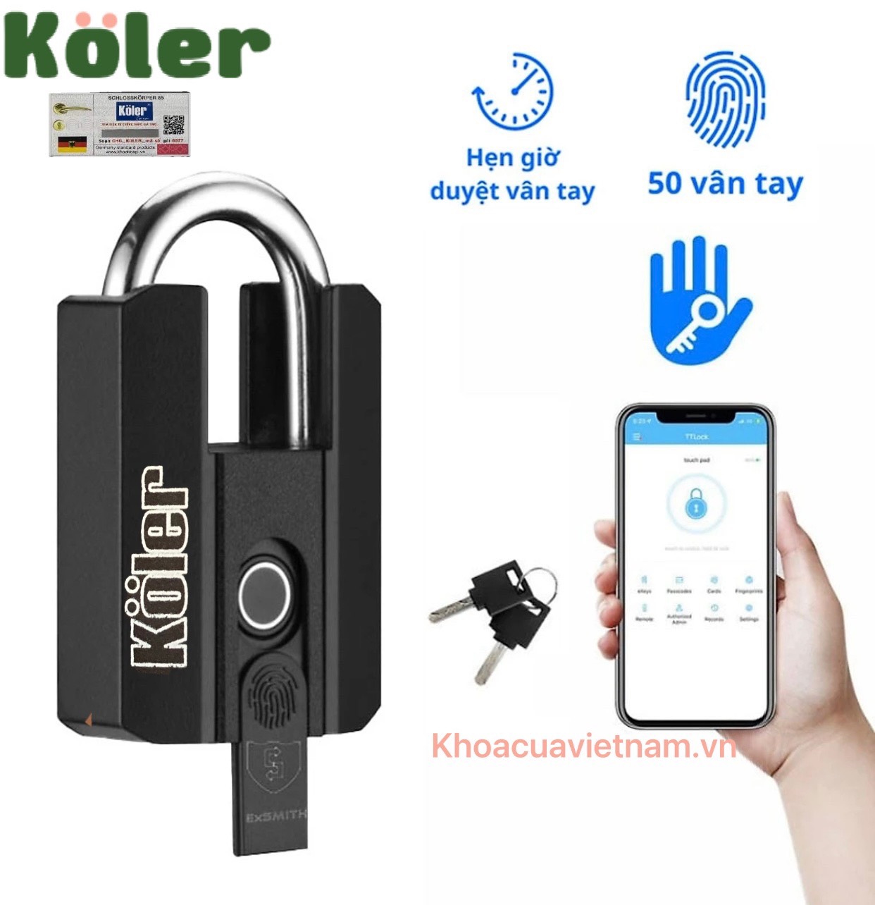 Khóa Bấm Vân Tay KOLER Chống Nước. Mở Khóa Bằng APP, Vân Tay và Chìa Cơ.