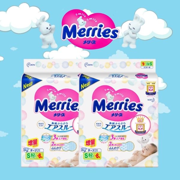 Combo 2 Tã/bỉm dán Merries size S - 82 + 6 miếng (Cho bé 4-8kg)