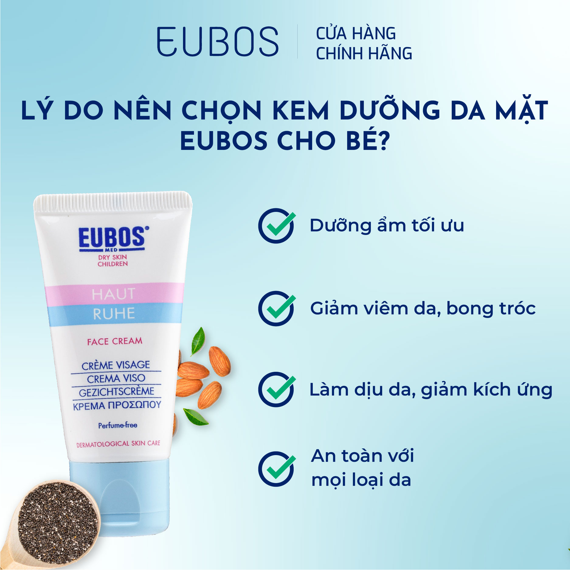 COMBO Kem chàm sữa da mặt trẻ em EUBOS HAUT RUHE FACE CREAM 30ml &amp; Kem dưỡng da trẻ em ngừa chàm sữa EUBOS HAUT RUHE CREAM 50ml