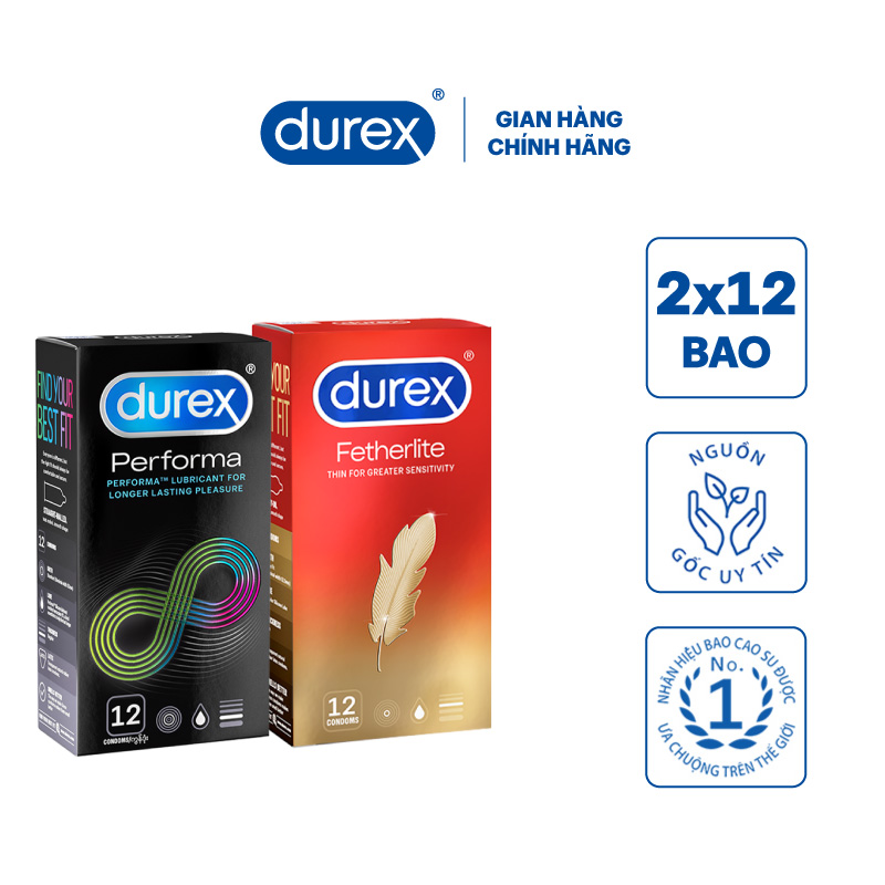Bộ 1 hộp bao cao su Durex Performa 12 bao và 1 Durex Fetherlite 12 bao