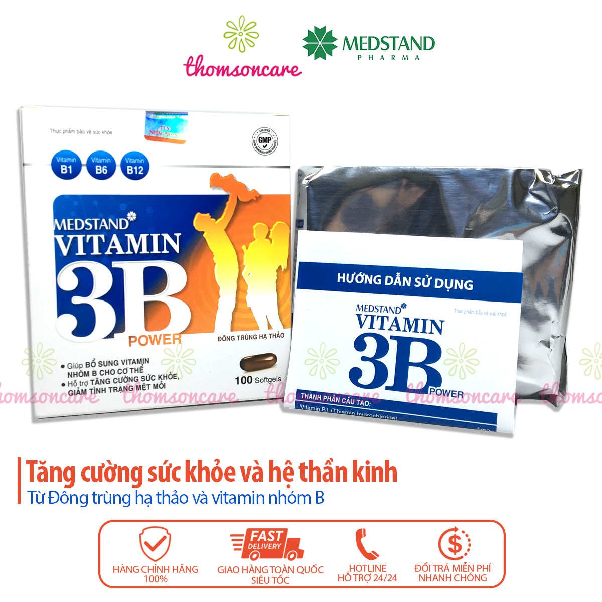 Bổ sung vitaminB1 B6 B12 và đông trùng hạ thảo - Vitamin 3B Medstand - Hộp 100 viên