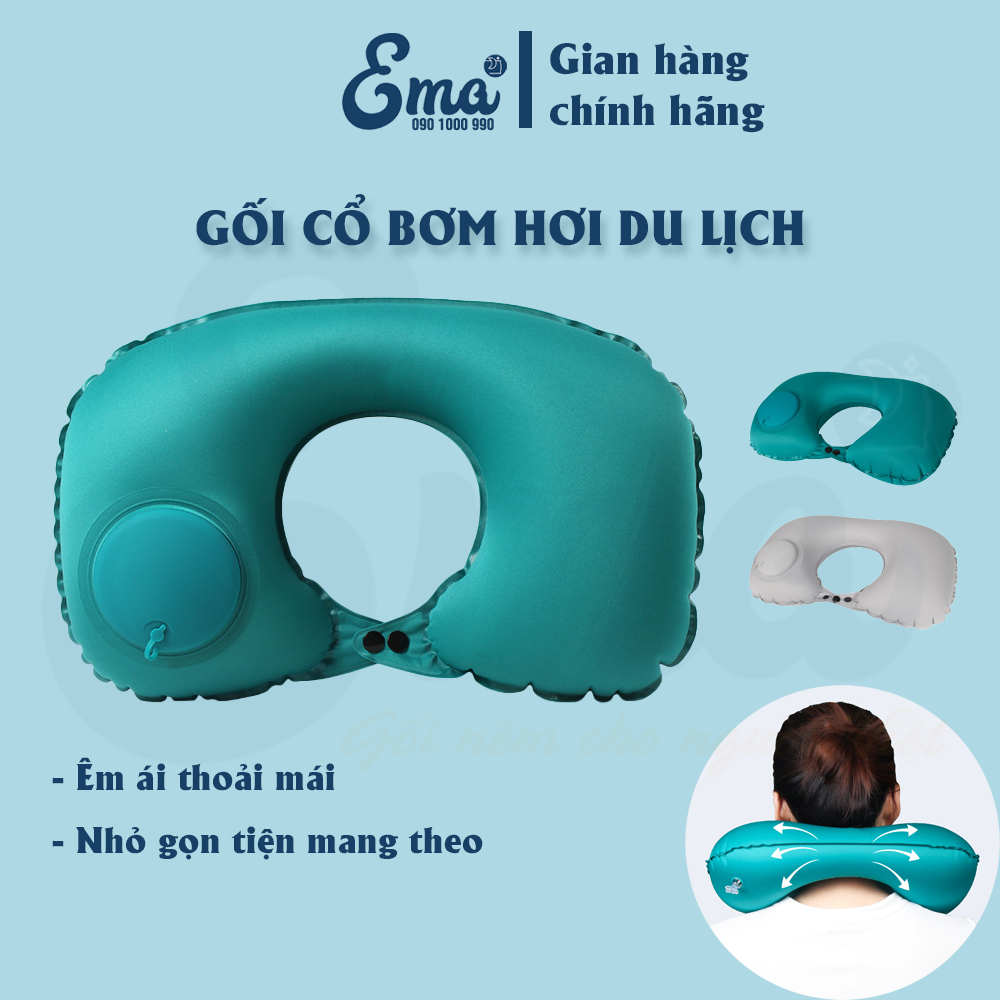 Gối cổ bơm hơi du lịch, dã ngoại có sẵn bơm tay thương hiệu EMA - Nhỏ gọn - Tiện mang theo