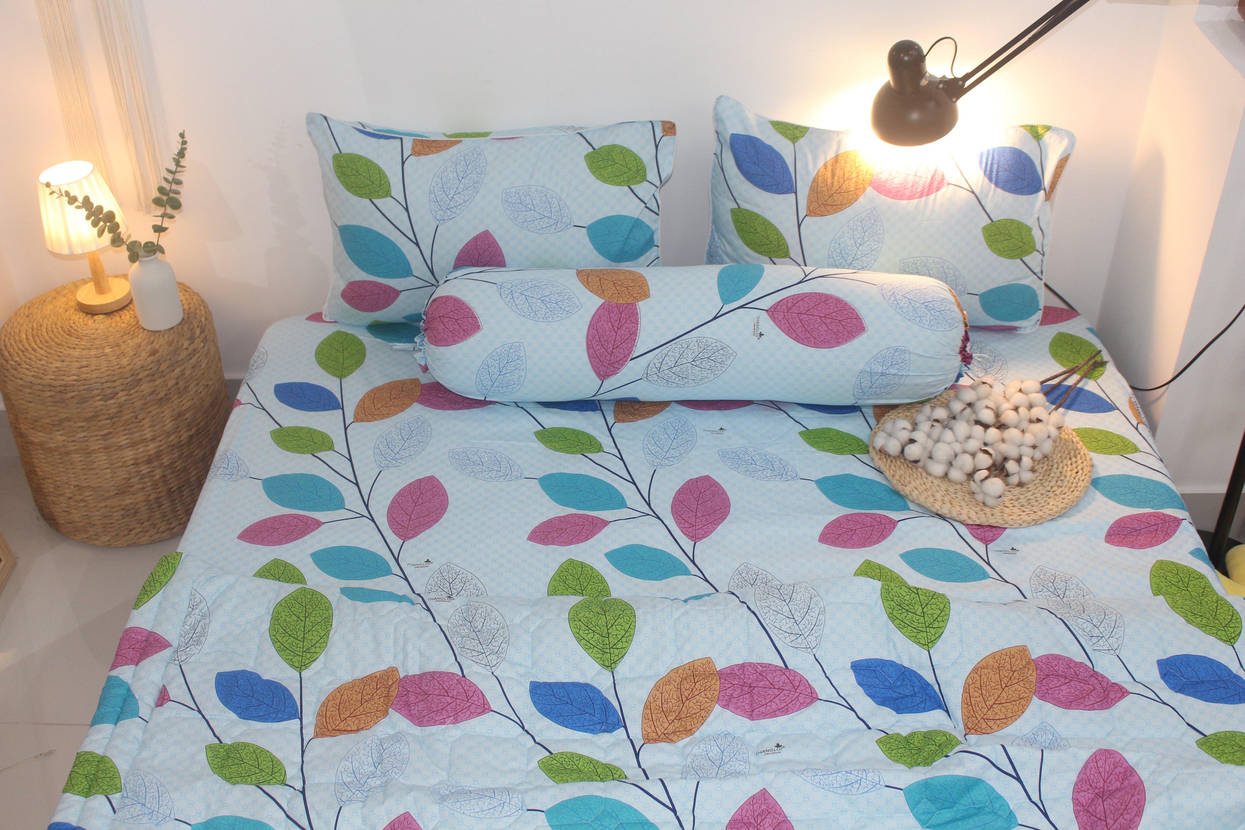 Bộ Drap Gối Cotton -Mẫu Lá Dây Nền Xanh vải dày dặn, mát mẻ, siêu thấm mồ hôi