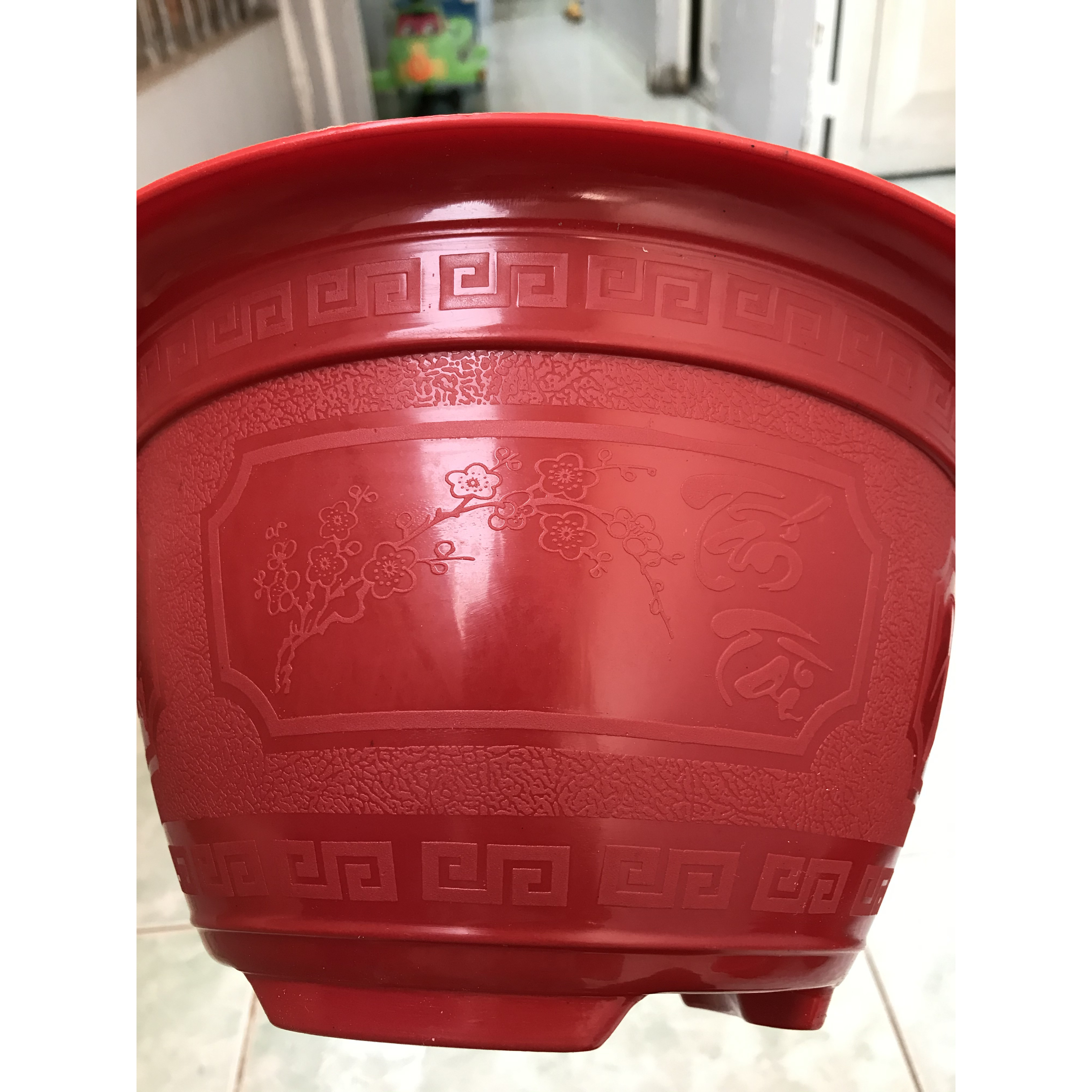 Combo 5 chậu trồng cây Farm House có hoa văn tài lộc - Màu đỏ