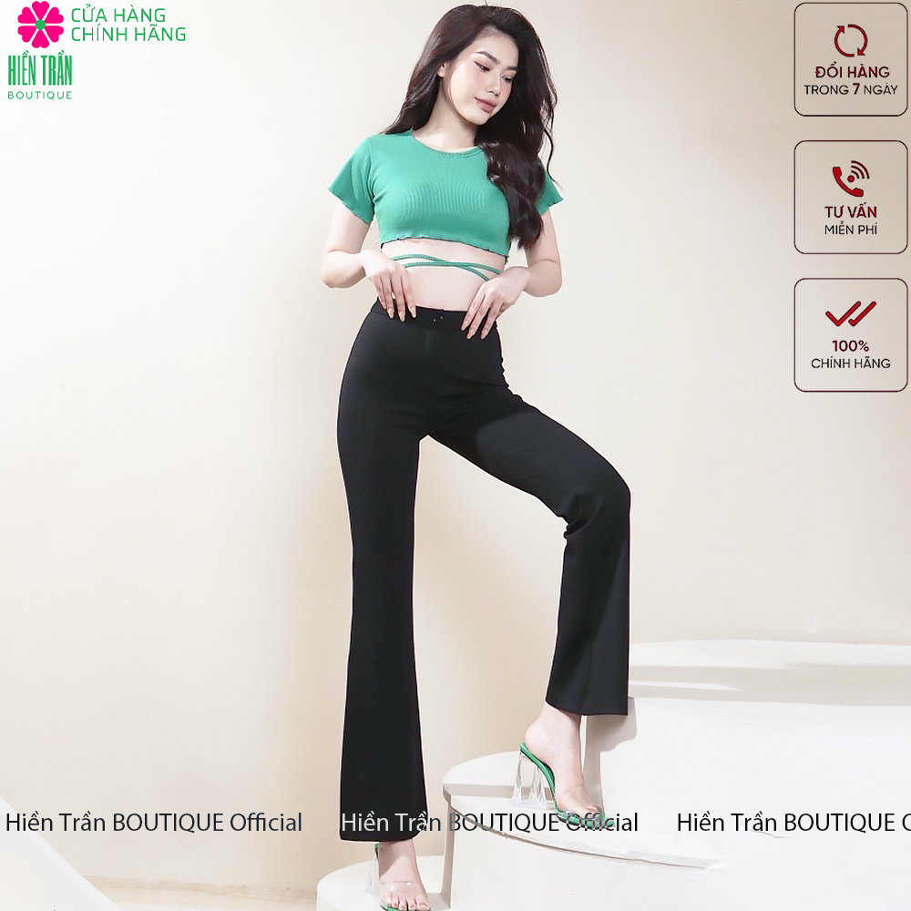 Quần ống loe Hiền Trần BOUTIQUE lưng cạp cao 1 cúc suông rộng nữ dài culottes màu đen