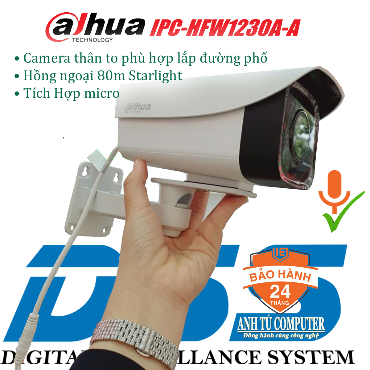 Camera IP POE 2MP hồng ngoại 80m có mic Dahua HFW1230A-A hàng chính hãng