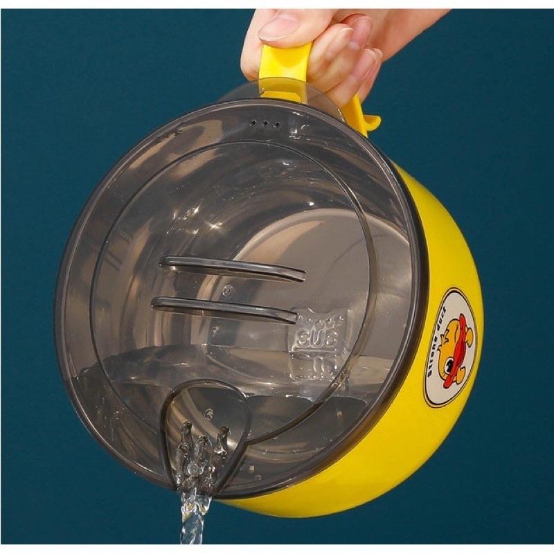 Bát ăn mì hình vịt vàng có tay cầm kèm nắp đậy có lổ thoát nước và ngăn đỡ điện thoại - Tô ăn mì , bát ăn dặm cách nhiệt