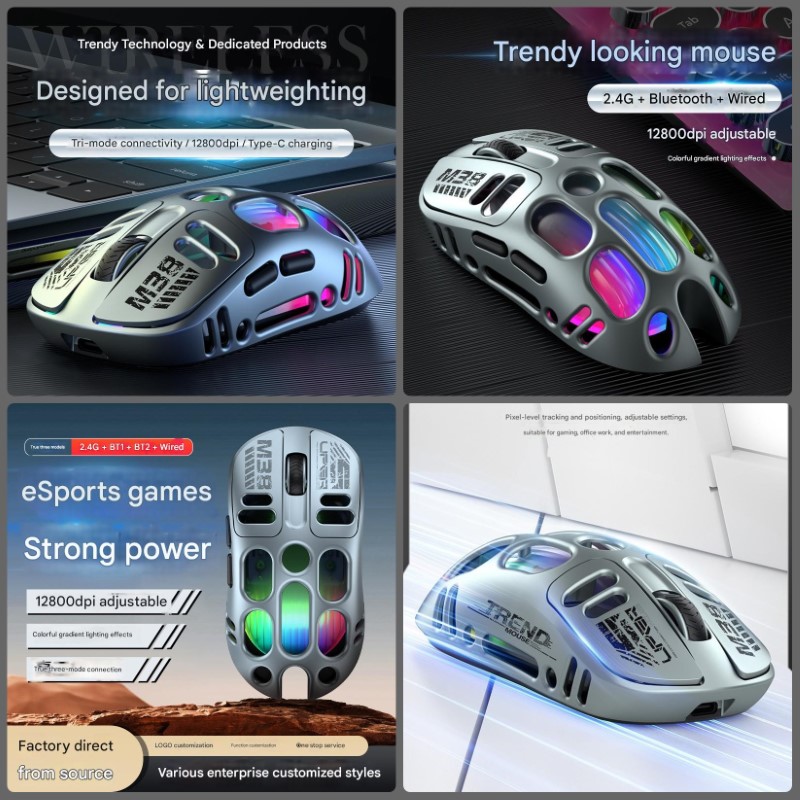 Chuột Led Không Dây M38 đa kết nối Bluetooth 5.0 + Usb 2.4G + Cáp 12800Dpi Pin Sạc TypeC hàng nhập khẩu