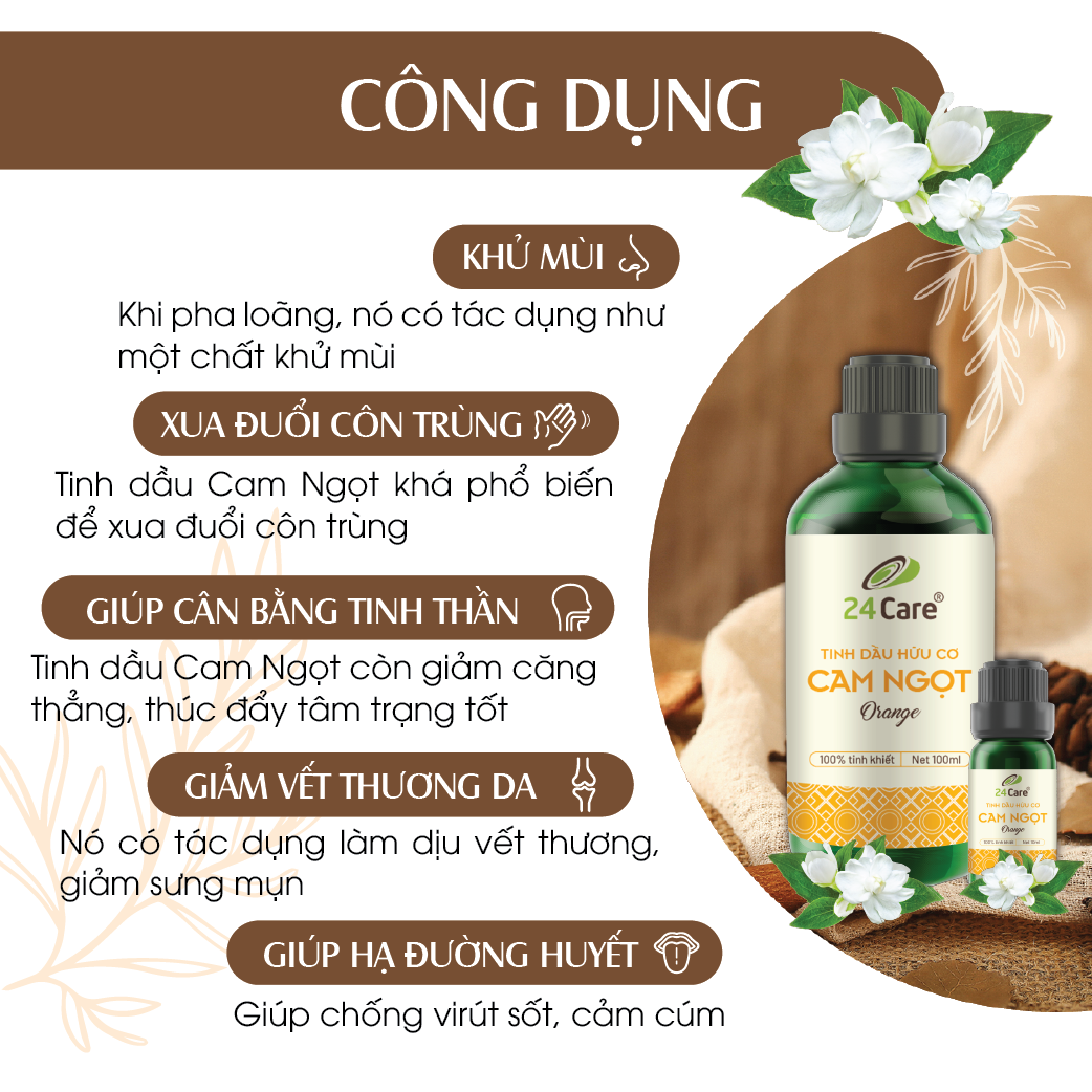 Tinh Dầu Cam Ngọt Nguyên Chất 24Care - Tinh Dầu Xông Thơm Phòng Giúp Giảm Căng Thẳng, Ngủ Ngon, Khử Mùi - Tinh dầu Sả Chanh/ Bạc Hà/ Oải hương/ Ngọc Lan Tây/ Tràm Trà/ Bưởi Ngọt/ Vỏ Quế