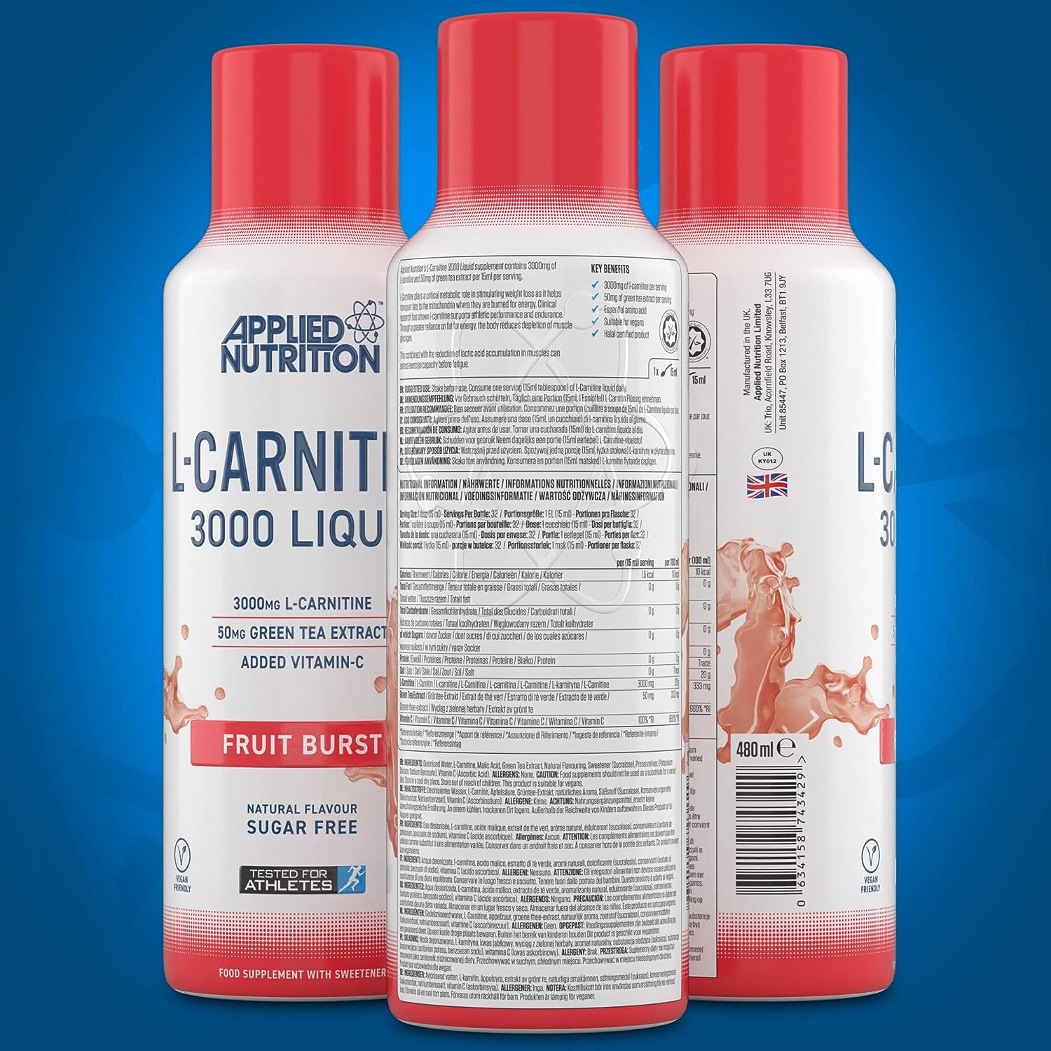 APPLIED NUTRITION L CARNITINE LIQUID 3000 Dạng Siro Giúp Phân Giai Mỡ Thừa Nhanh 480ML