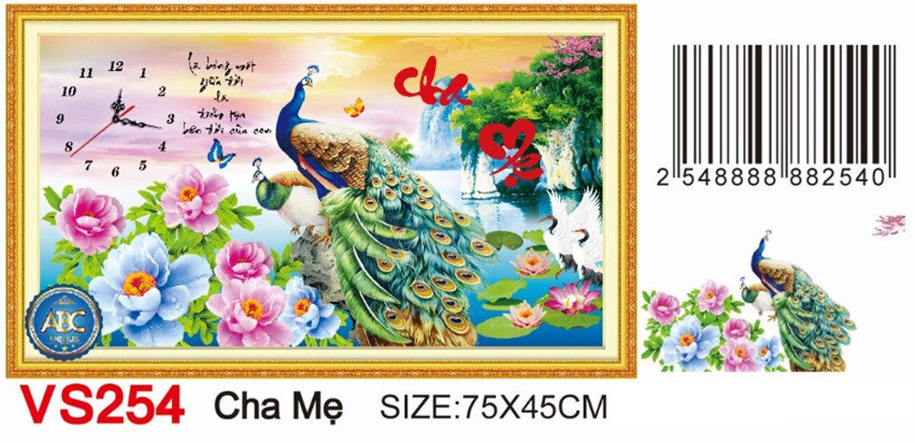 Tranh đính đá đồng hồ cha mẹ chim công VS254 - 75 x 45 cm - chưa đính