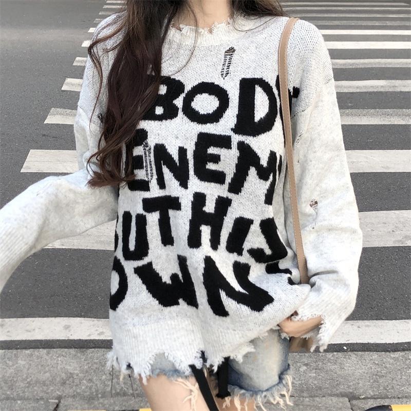 Áo len nữ Montoghi dệt kim DÁNG DÀI IN CHỮ phối RÁCH LAI TUA phom rộng siêu hot