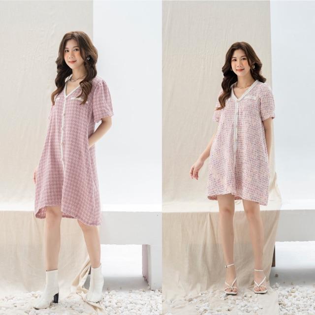 Đầm tweed cổ V cúc ngọc