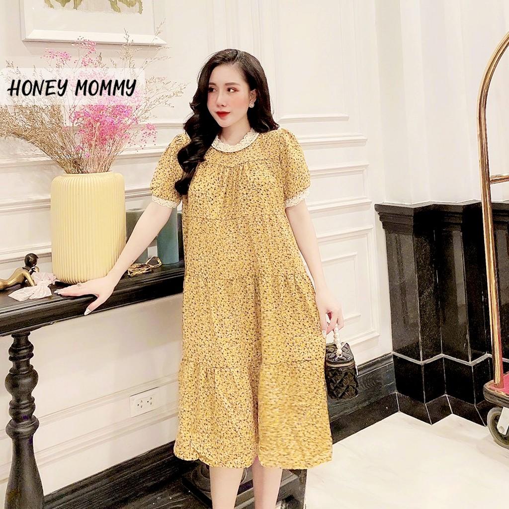 Váy Bầu Hoa Nhí Cổ Ren Mùa Hè Kèm Đai Thắt HD2821 Honey Mommy Đầm Bầu Công Sở Dáng Dài