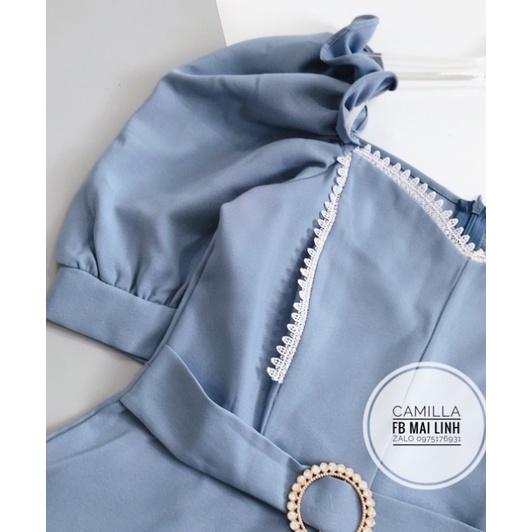 Sơ mi kiểu cổ vuông tay bồng màu xanh