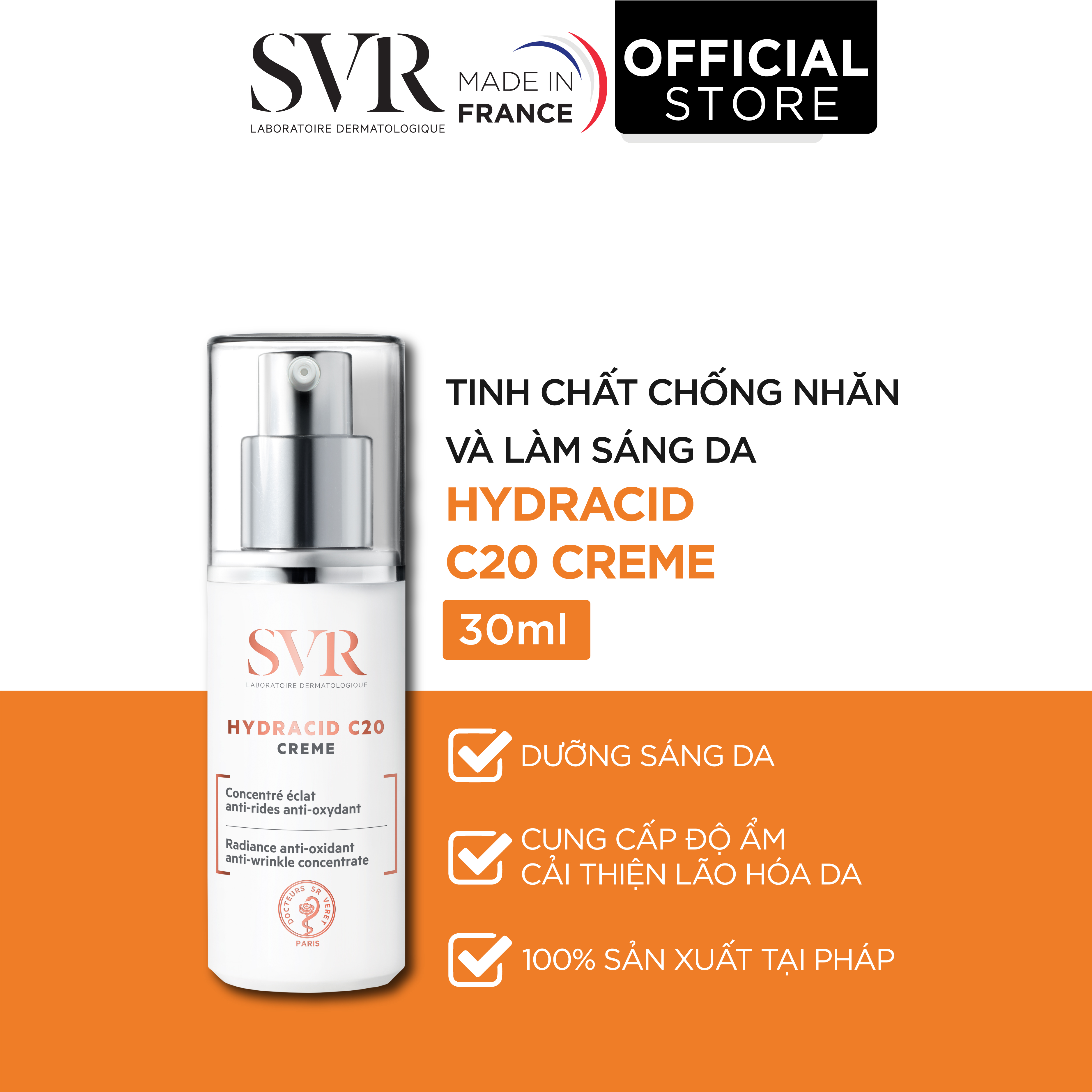 Kem dưỡng trắng da chống lão hóa SVR Hydracid C20 Crème 30ml