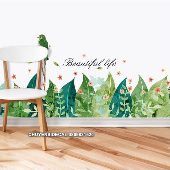 Decal trang trí tường - Chân tường cỏ lá hoa xanh tươi